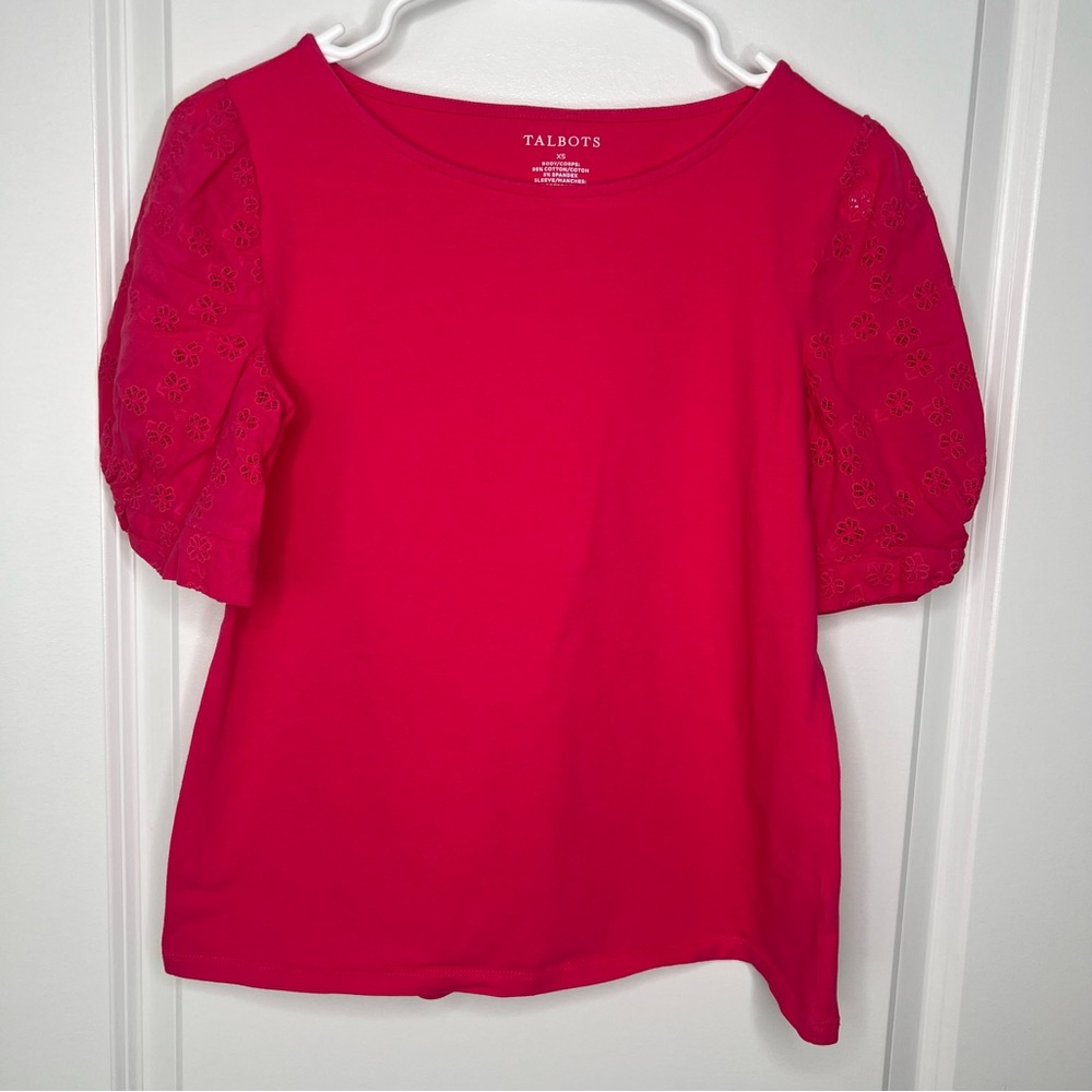 Talbots Red-ish Pink Puff Short Sleeve Top Sz XS Eyelet details